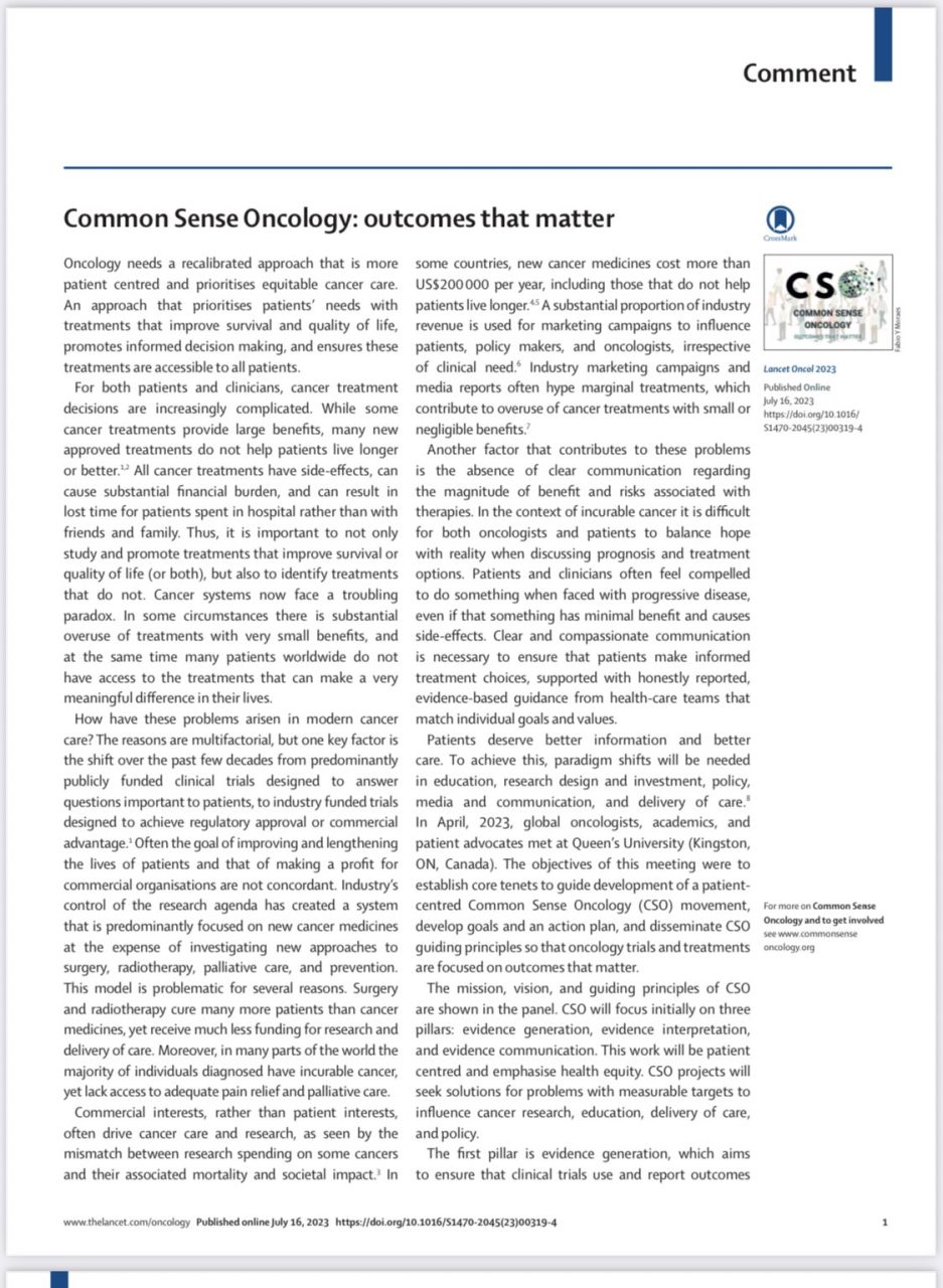 This Common Sense Oncology (CSO) manifesto is a must read for the oncology community – Nina Niu Sanford