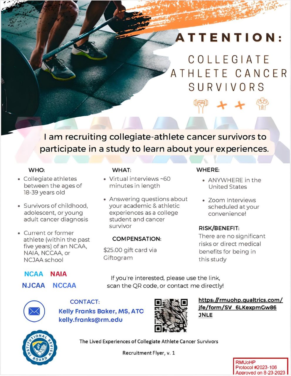 Kelly Baker: My dissertation research explores the experiences of collegiate athletes in the US diagnosed with cancer