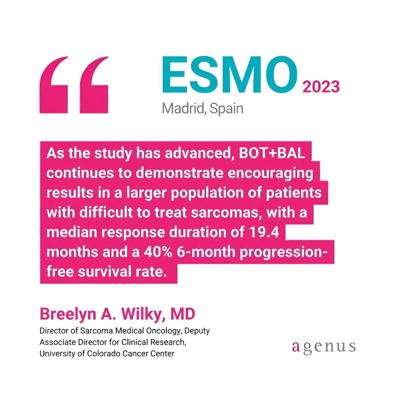 At ESMO 2023 Dr. Breelyn Wilky presented new data from our investigational botensilimab/balstilimab combination in relapsed/refractory sarcoma