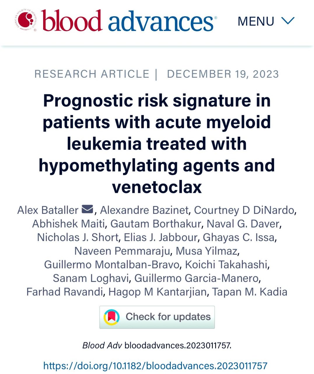 Naveen Pemmaraju: Important new paper led by Alex Bataller and Tapan Kadia
