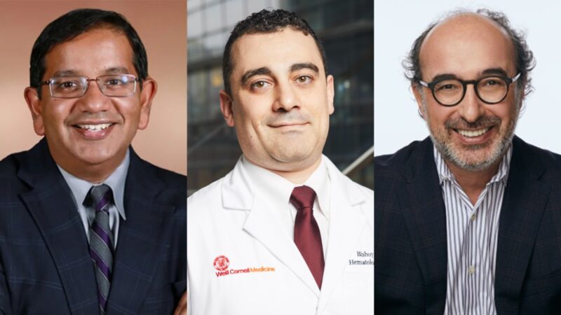 Anirban Maitra and Bishoy M. Faltas congratulate Manuel Hidalgo on his induction as Fellow of AACR Academy