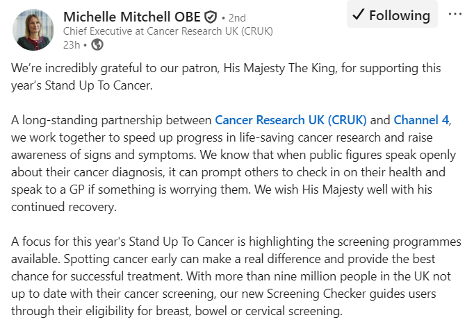 King Charles cancer treatment progress