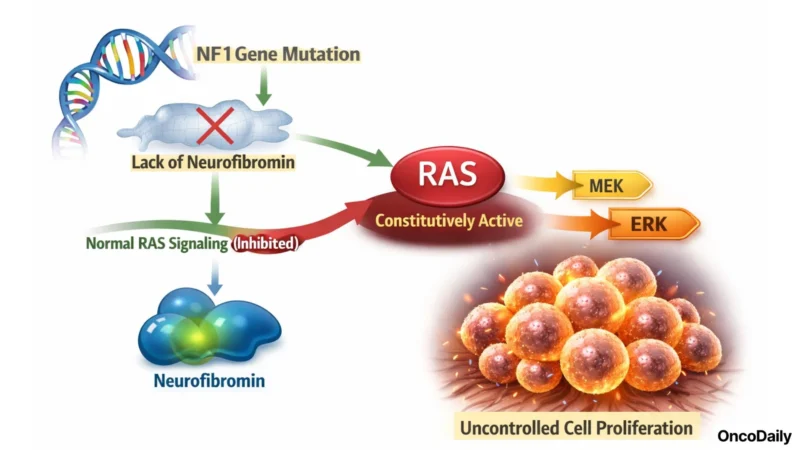 Neurofibromatosis type 1 is a rare, progressive genetic condition caused by loss-of-function mutations in the NF1 gene, which encodes neurofibromin, a negative regulator of RAS signaling. When neurofibromin is absent or non-functional, RAS remains constitutively active, driving downstream MEK/ERK pathway hyperactivation and uncontrolled cell proliferation.
